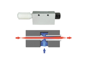 Vacuum ejector component with an airflow diagram, showcasing the pneumatic conveying system design for efficient powder handling in MACTEX's solution.