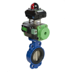 A butterfly valve with a green actuator, blue valve body, and a red/green status indicator, used in MACTEX pneumatic conveying systems for precise flow control.