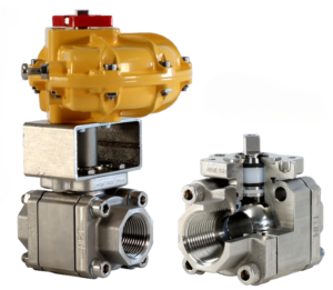 Ball valves with yellow actuator and stainless steel body, used in MACTEX pneumatic conveying systems for precise material flow control.