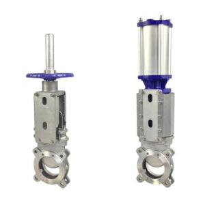 Slide gate valves with a stainless steel body, featuring a manual and pneumatic actuator for precise material flow control in MACTEX pneumatic conveying systems.