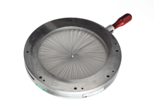 Iris valve with a metallic body and flexible diaphragm, used in MACTEX pneumatic conveying systems to regulate material flow with precise control.