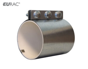 Stainless steel compression coupling with a metal bracket, used in MACTEX pneumatic conveying systems to securely connect pipes and ensure leak-proof operation.