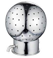 Stainless steel spray ball with perforated design, used in MACTEX pneumatic conveying systems for efficient cleaning and material handling processes.