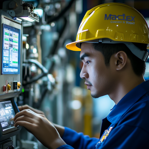 An engineer in a blue uniform and yellow helmet operates a control panel, exemplifying MACTEX's expertise in pneumatic conveying systems.