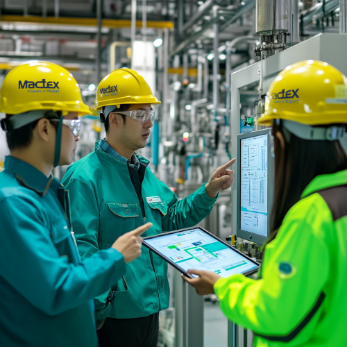 Three engineers in safety helmets discuss a control panel and tablet, showcasing MACTEX's team expertise in pneumatic conveying systems and commissioning.