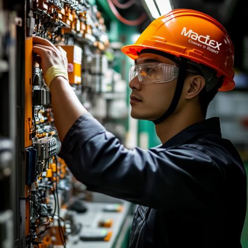 An engineer in an orange helmet works on electrical wiring, representing MACTEX's commitment to precise commissioning and pneumatic system design.