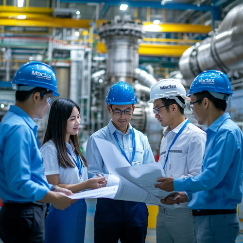 A team of engineers in safety helmets and professional attire discuss blueprints, reflecting MACTEX's collaboration in pneumatic conveying system projects.